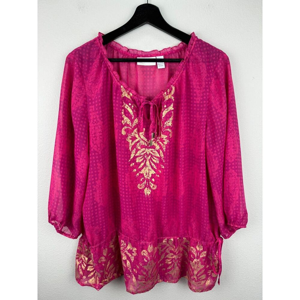 Chicos Top Womens Size Large 2 Pink 3/4 Sleeve Polka Dot Boho Sheer Metallic